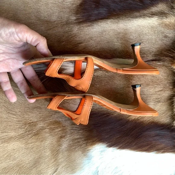 MANOLO BLAHNIK strap leather kitten heels mules orange brown size 36 - Picture 9 of 12